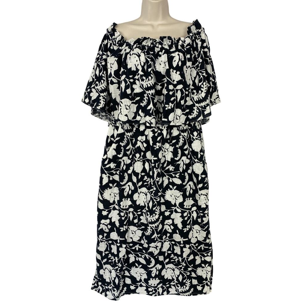 INC Dress XXL Black White Botanical Floral Off Shoulder Pockets Midi Resort Wear